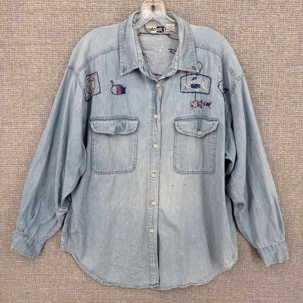 Crazy Kat Button-Up Womens L Blue Tunic Embroidered Pockets Lightweight Casual‎